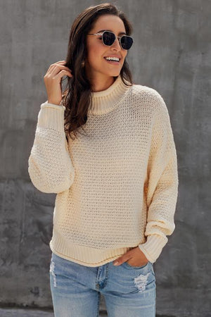 Beige Oversized Chunky Batwing Long Sleeve Turtleneck Sweater