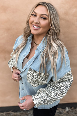 Sky Blue Plus Size Leopard Splicing Button Denim Jacket