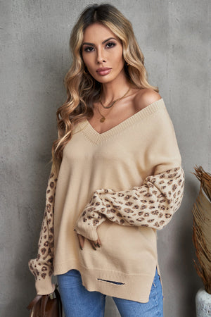 Leopard Raglan Sleeve V Neck Pullover Sweater