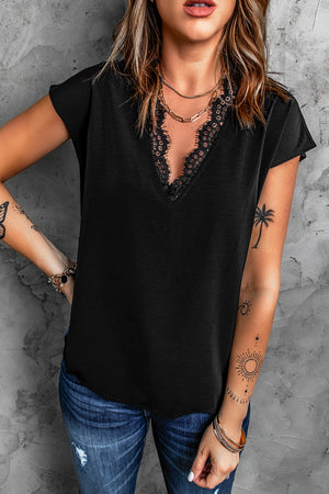 Black V Neck Lace Trim T-shirt