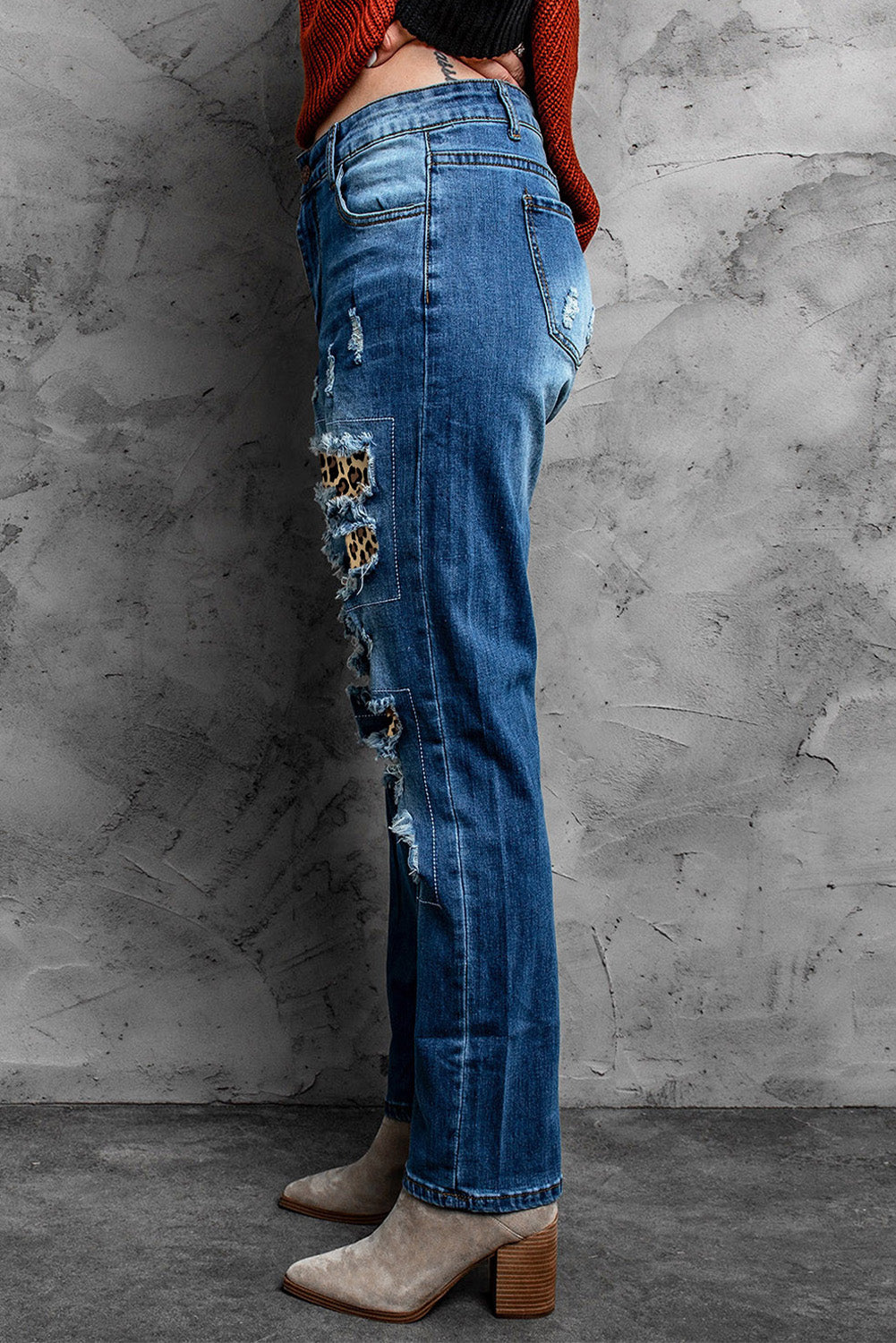 Distressed Leopard Patchwork Straight Leg Jeans
