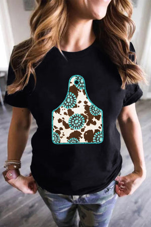 Solid Black Turquoise Cow Ox Horn Tag Graphic Tee