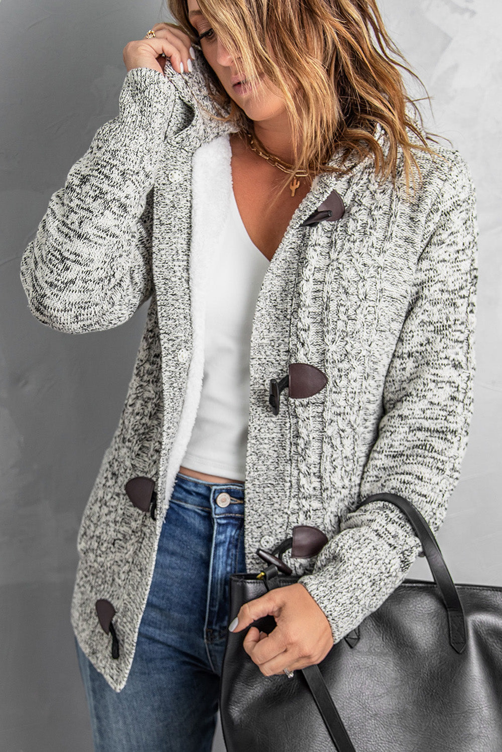 Heather Gray Fur Hood Horn Button Sweater Cardigan