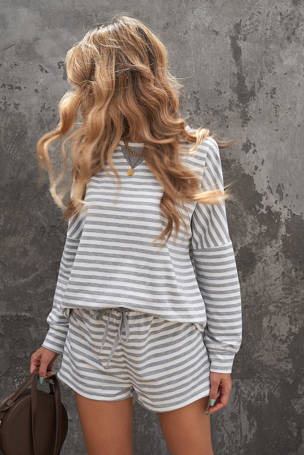Gray Long Sleeve Striped Lounge Set