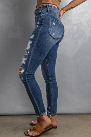 Blue Wash Distressed Skinny High Waist Jeans