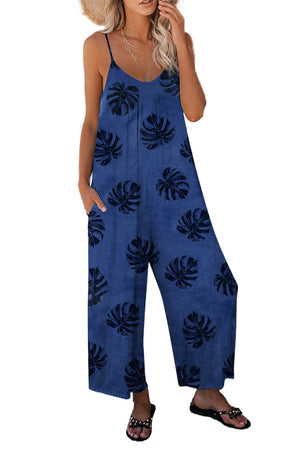 Blue Palm Leaves Print Spaghetti Strap Wide Leg jumpsuit