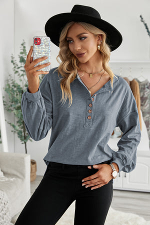Gray Solid Color Buttoned Front Long Sleeve Top