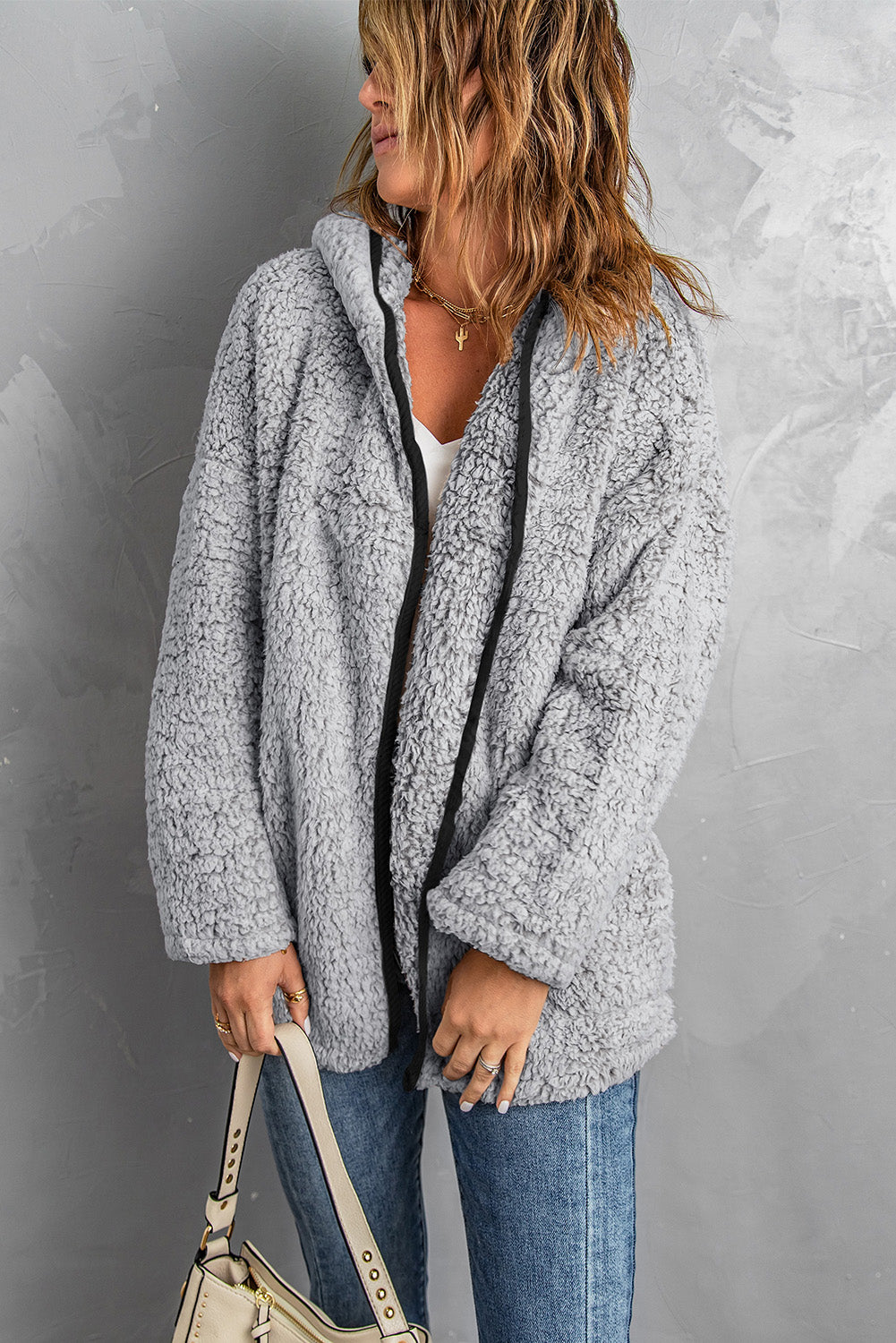 Dark Gray Open Front Long Sleeve Hooded Sherpa Coat