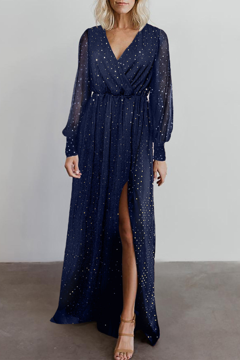 Blue Side Split Rhinestone V Neck Maxi Dress