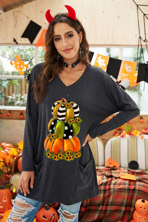 Black Pumpkin Print Side Pocket Halloween Tunic Top