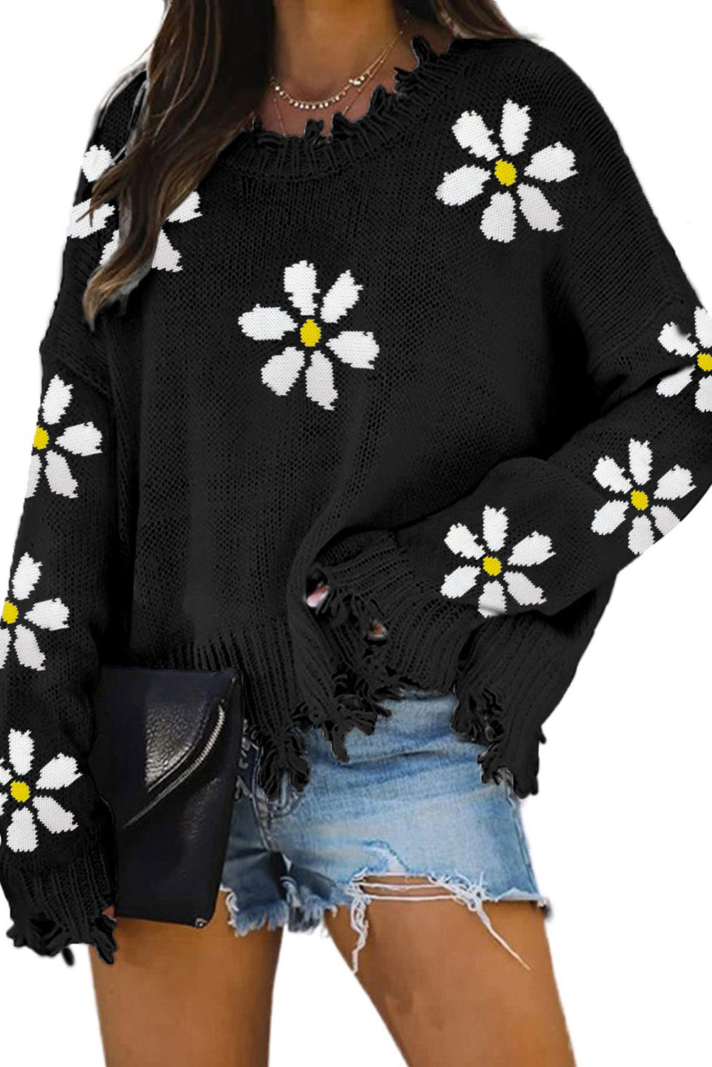 Black Distressed Wild Flower Sweater