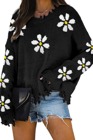 Black Distressed Wild Flower Sweater