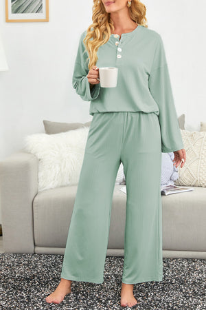 Green Long Sleeve Buttoned Wide Leg Lounge Wear