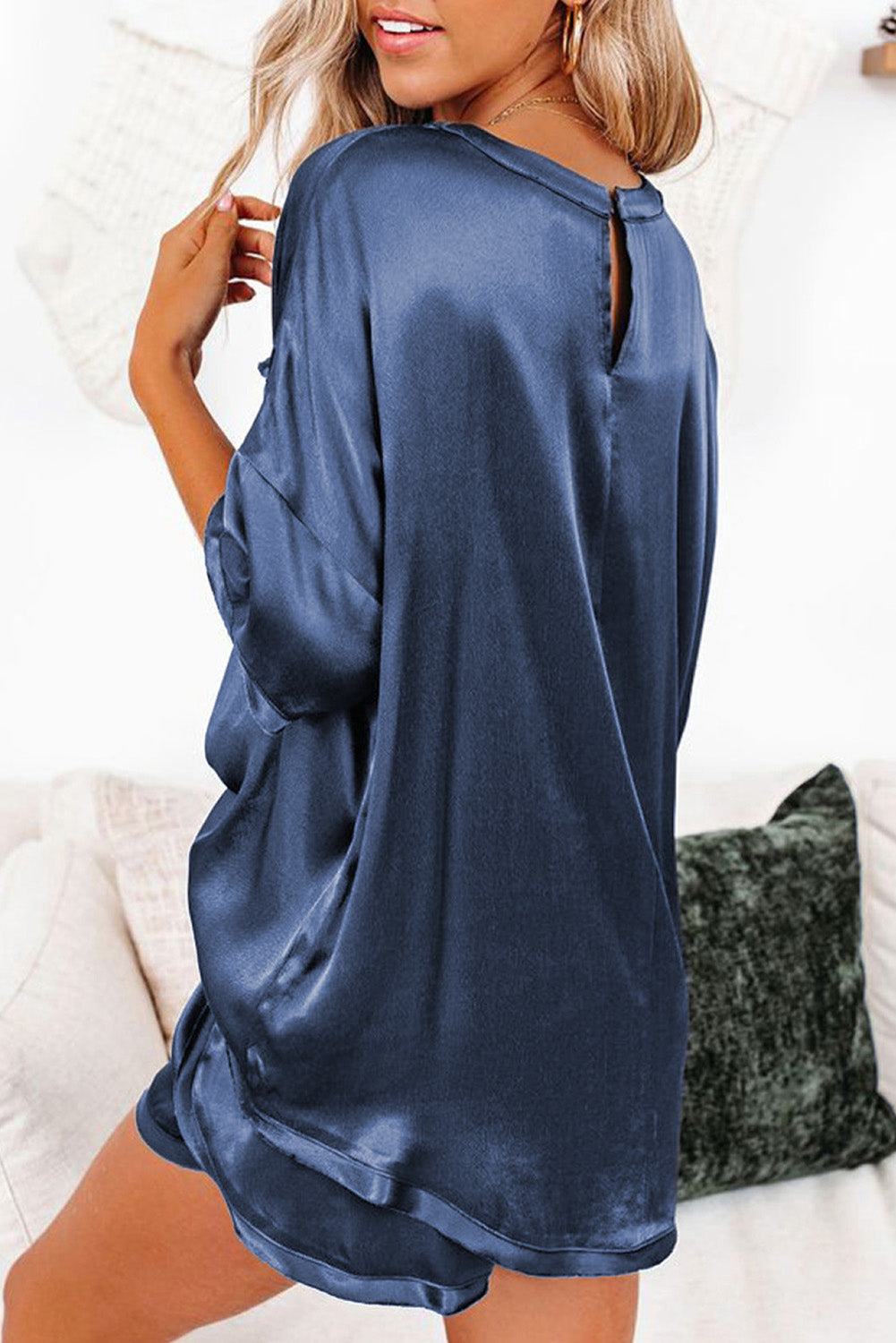 Dark Blue Satin Pocketed Tee and Shorts Lounge Set