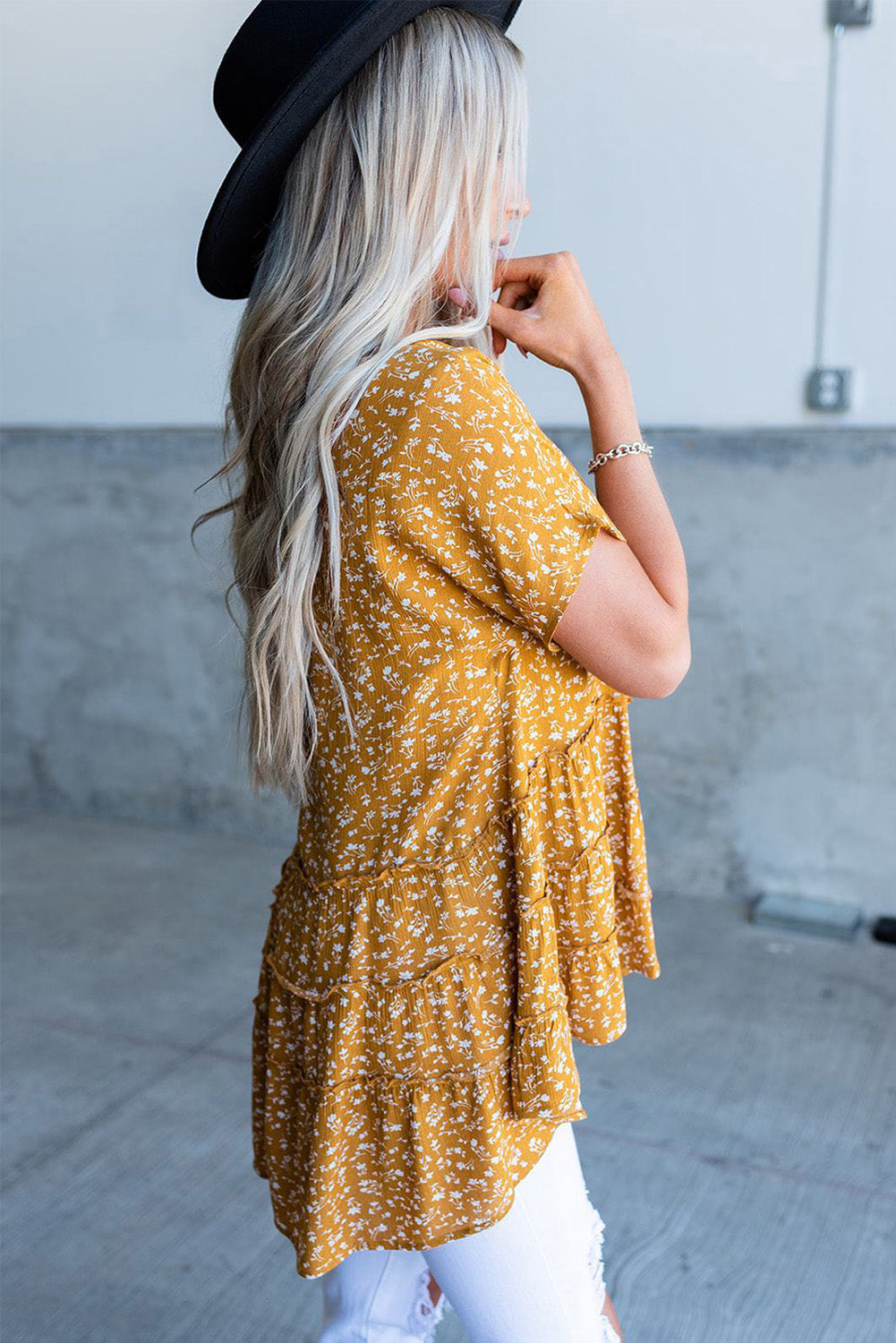 Floral Print Short Sleeve High-low Tunic Top