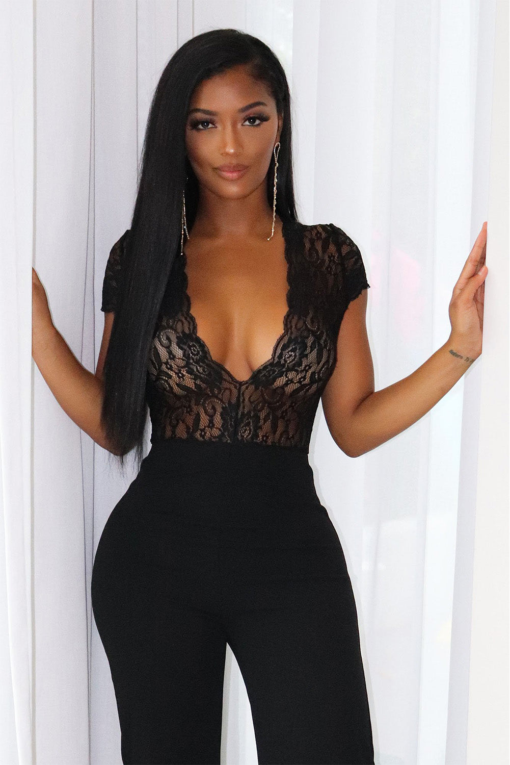 Lace Patchwork V Neck Wide Leg Jumpsuit