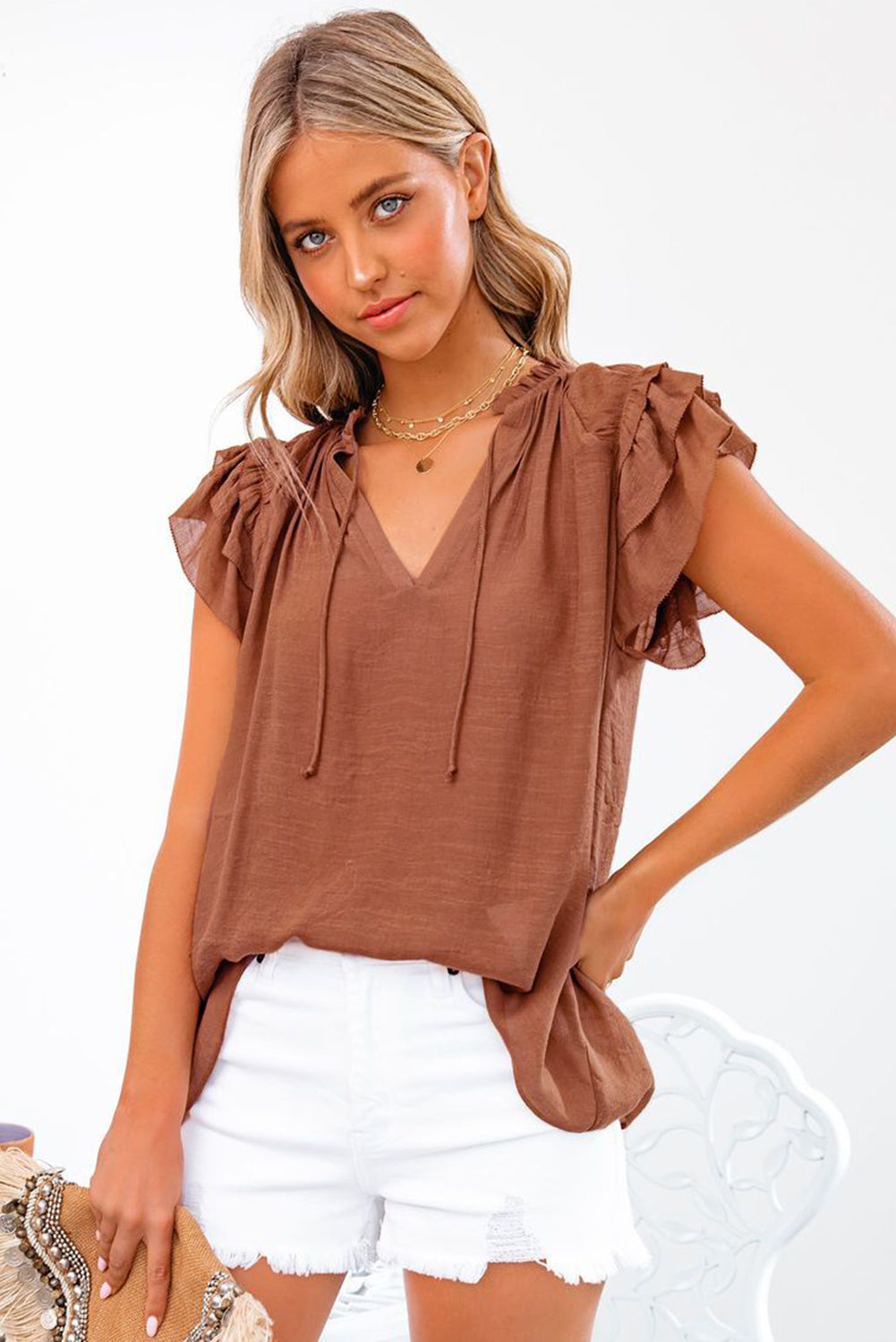 Brown Tiered Ruffled Drawstring V Neck Top