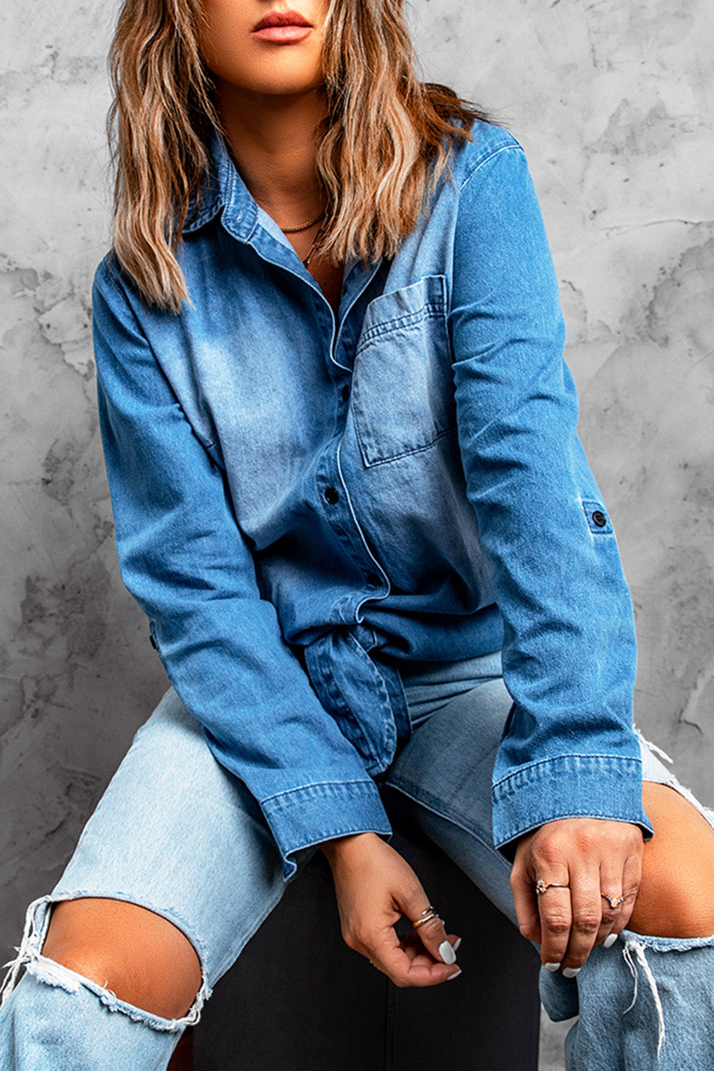 Blue Washed Pocketed Denim Shirt
