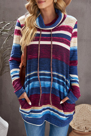 Blue Multicolor Cowl Neck Striped Sweatshirt