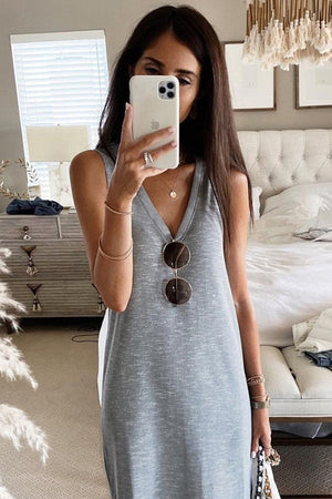 Gray V-Neck Sleeveless Loose Fit Maxi Dress