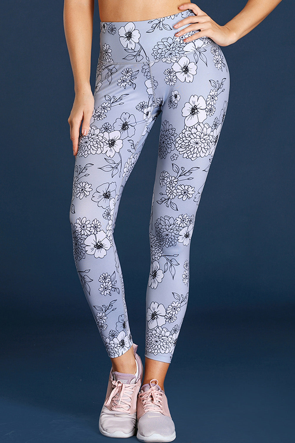 Gray Floral Print Allover High Waist Leggings
