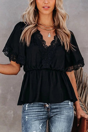 Black Lace Splicing V Neck Short Sleeve Blouse