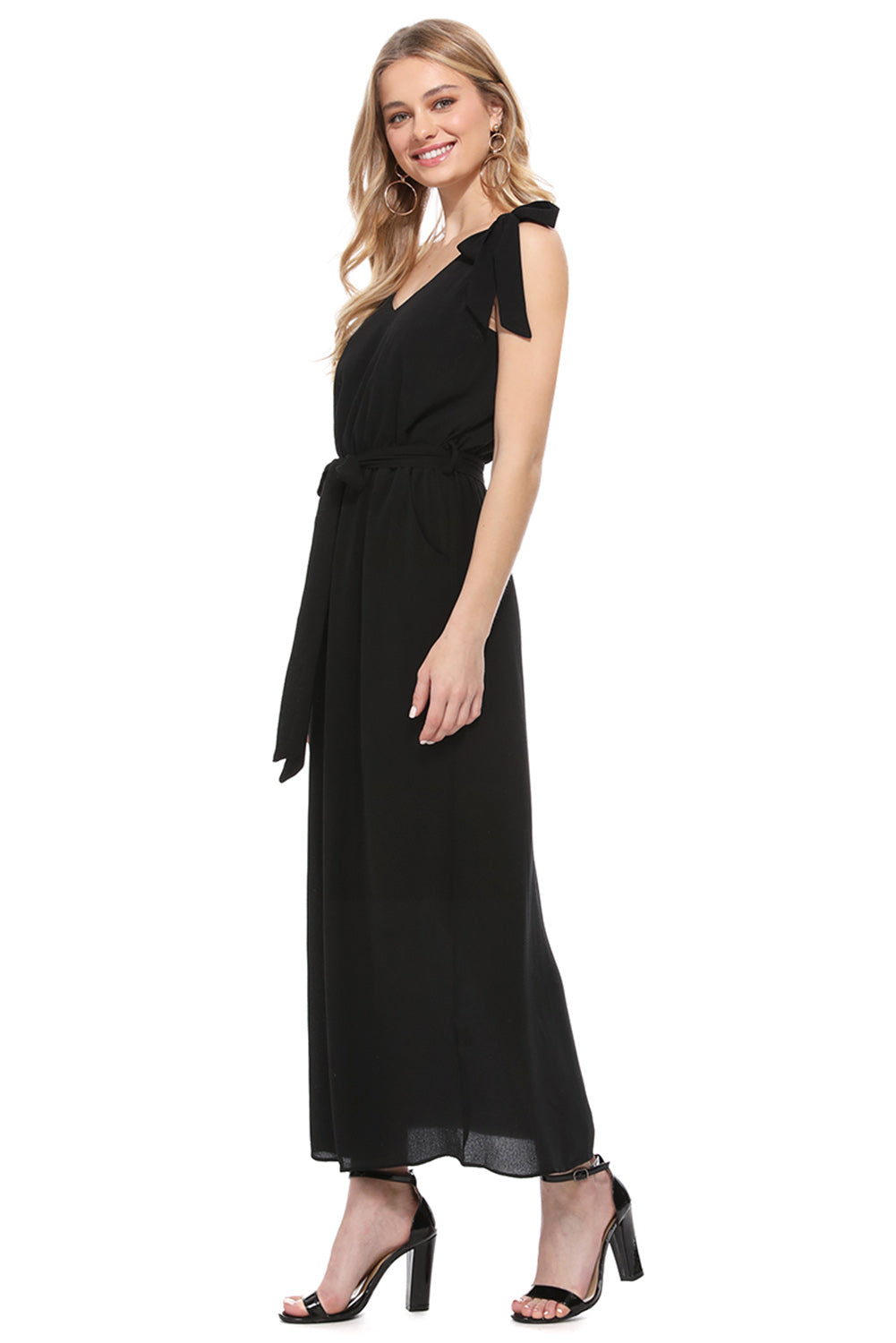 Black Bowknot Shoulder Straps Jersey Dress with Belt