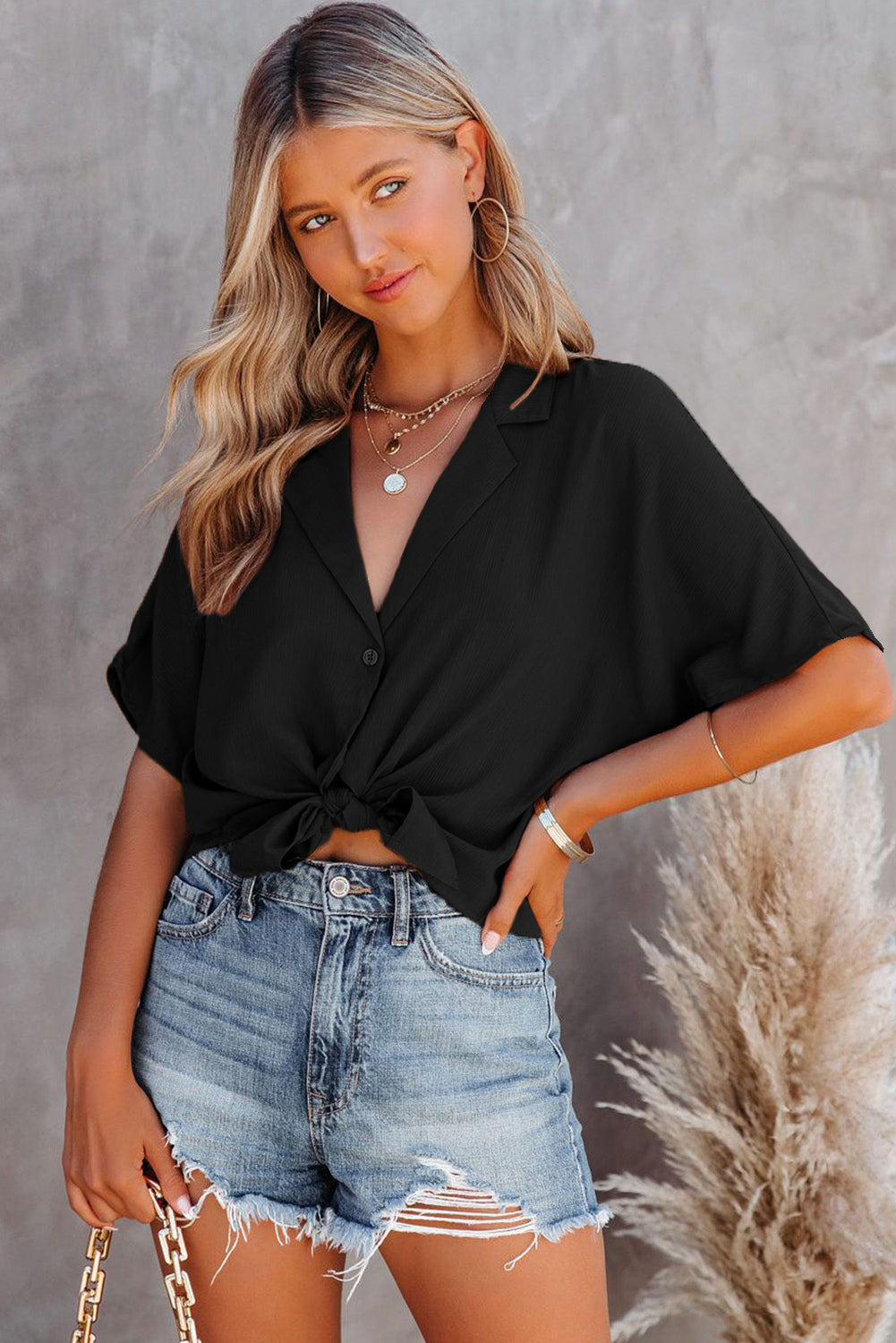 Black Button Front Short Sleeve Shirt