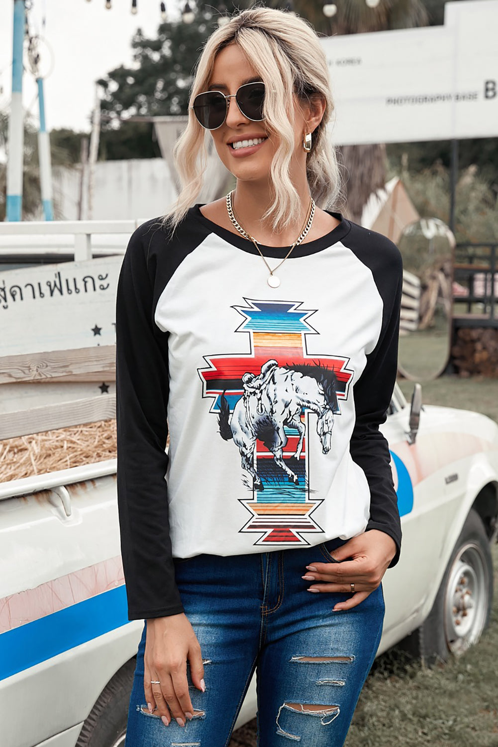 Serape War Paint Graphic Raglan Sleeve Top
