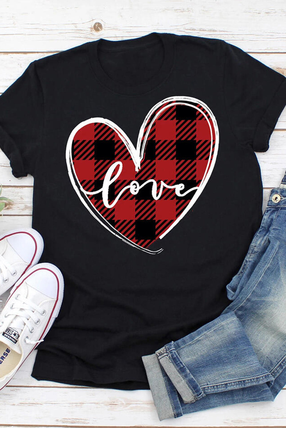 Plaid Love Heart Print Short Sleeve T-shirt