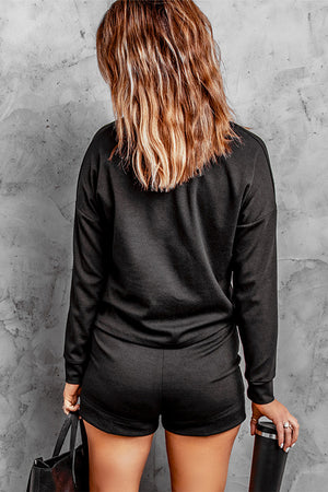 Black Ribbed Knit Drop-Shoulder Sleeve Top and Shorts Lounge Set