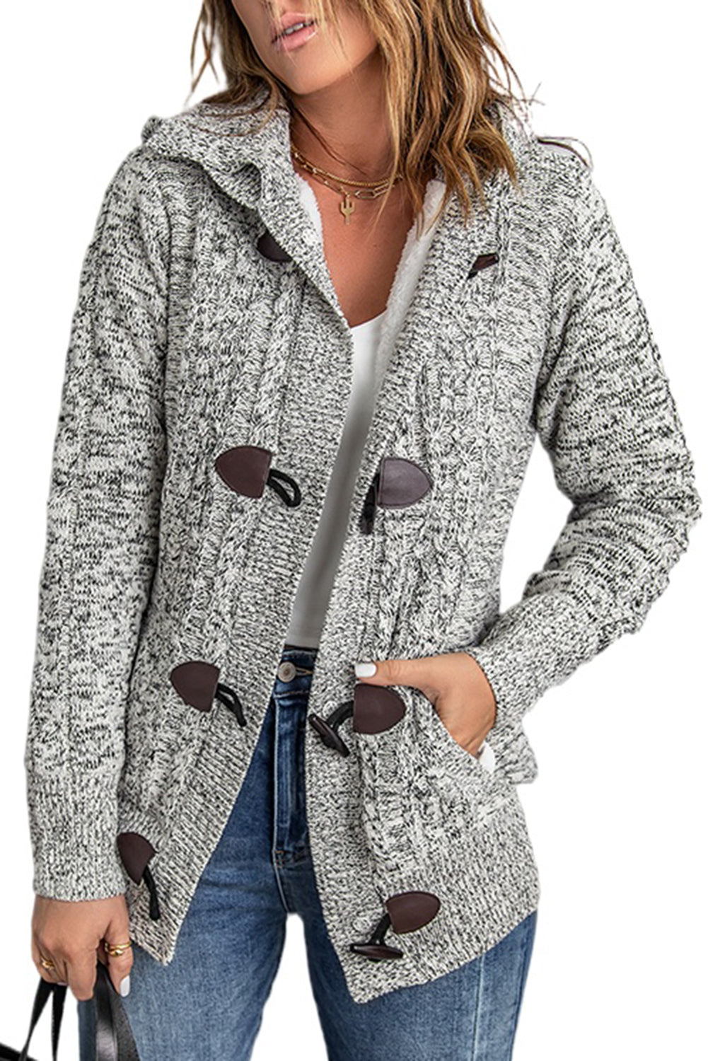 Heather Gray Fur Hood Horn Button Sweater Cardigan