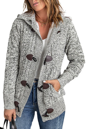 Heather Gray Fur Hood Horn Button Sweater Cardigan