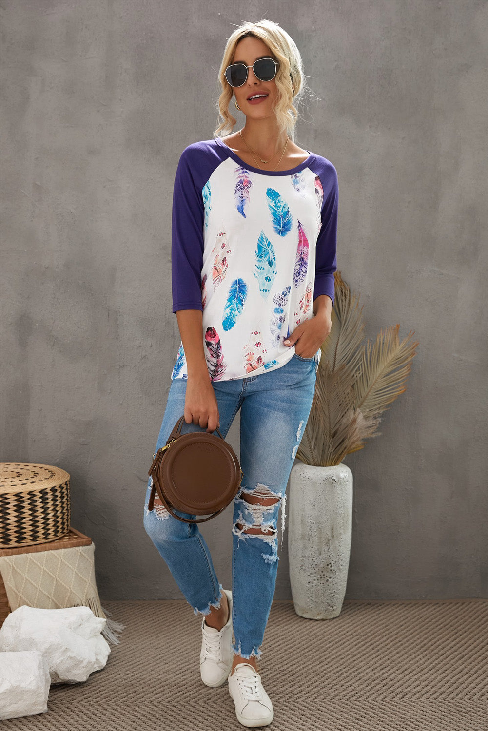 Purple Feather Print three quarter Sleeve Top