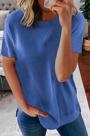 Blue Round Neck Short Sleeve Solid Color Tee