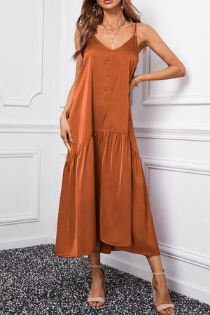 Brown Spaghetti Strap Ruffled Satin Maxi Dress