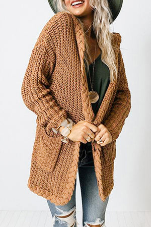 Solid Color Cable Knit Cardigan with Pockets