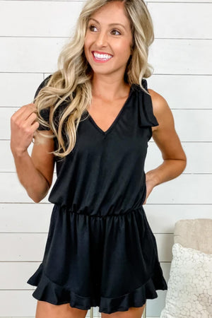 Black Ruffled V Neckline Romper
