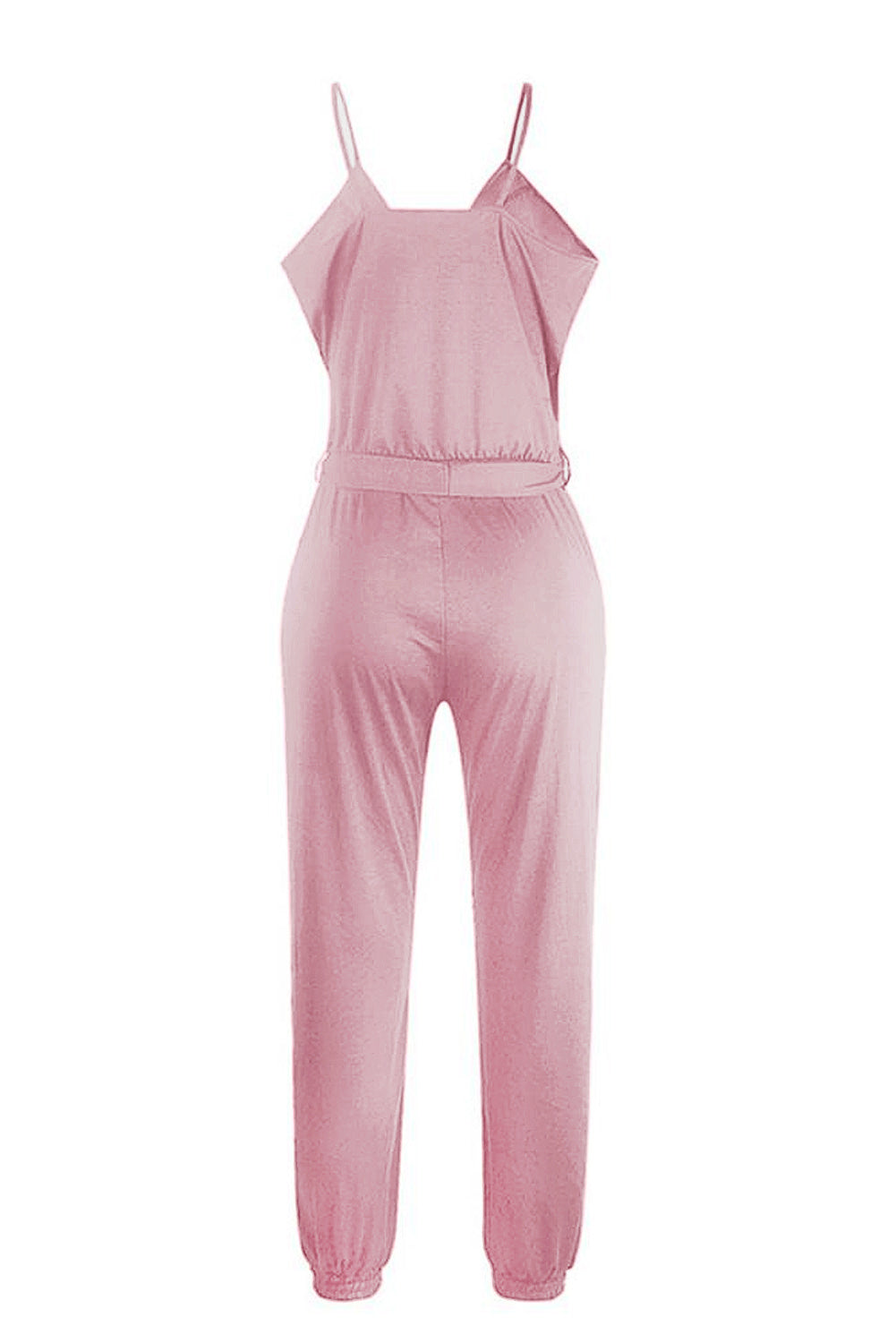 Pink Solid Spaghetti Straps V Neck Wrap Jumpsuit
