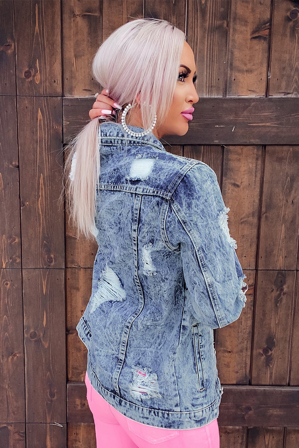Sky Blue Distressed Buttons Washed Denim Jacket