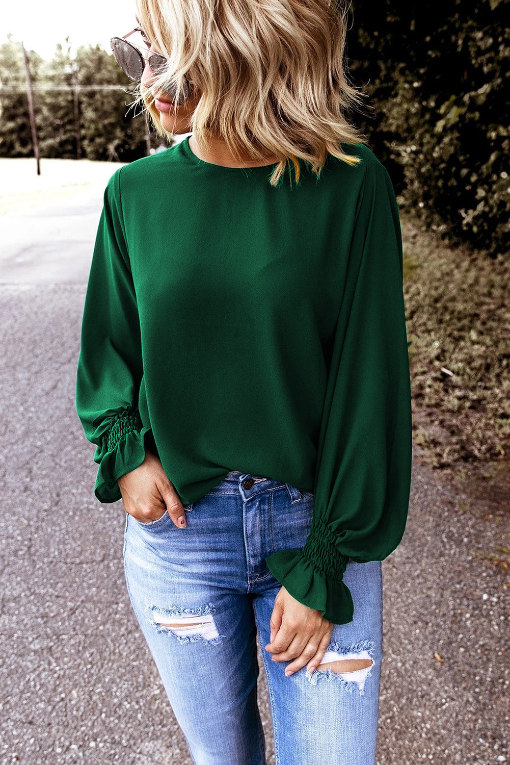 Green Crew Neck Ruffle Bubble Sleeve Top