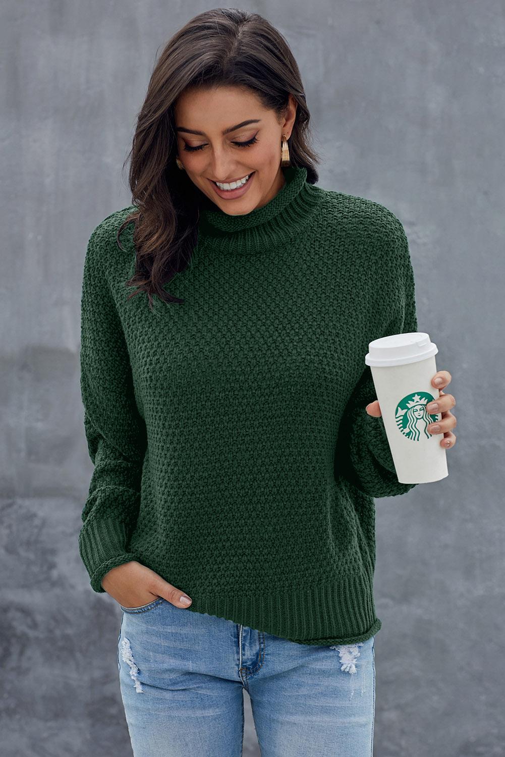 Green Oversized Chunky Batwing Long Sleeve Turtleneck Sweater