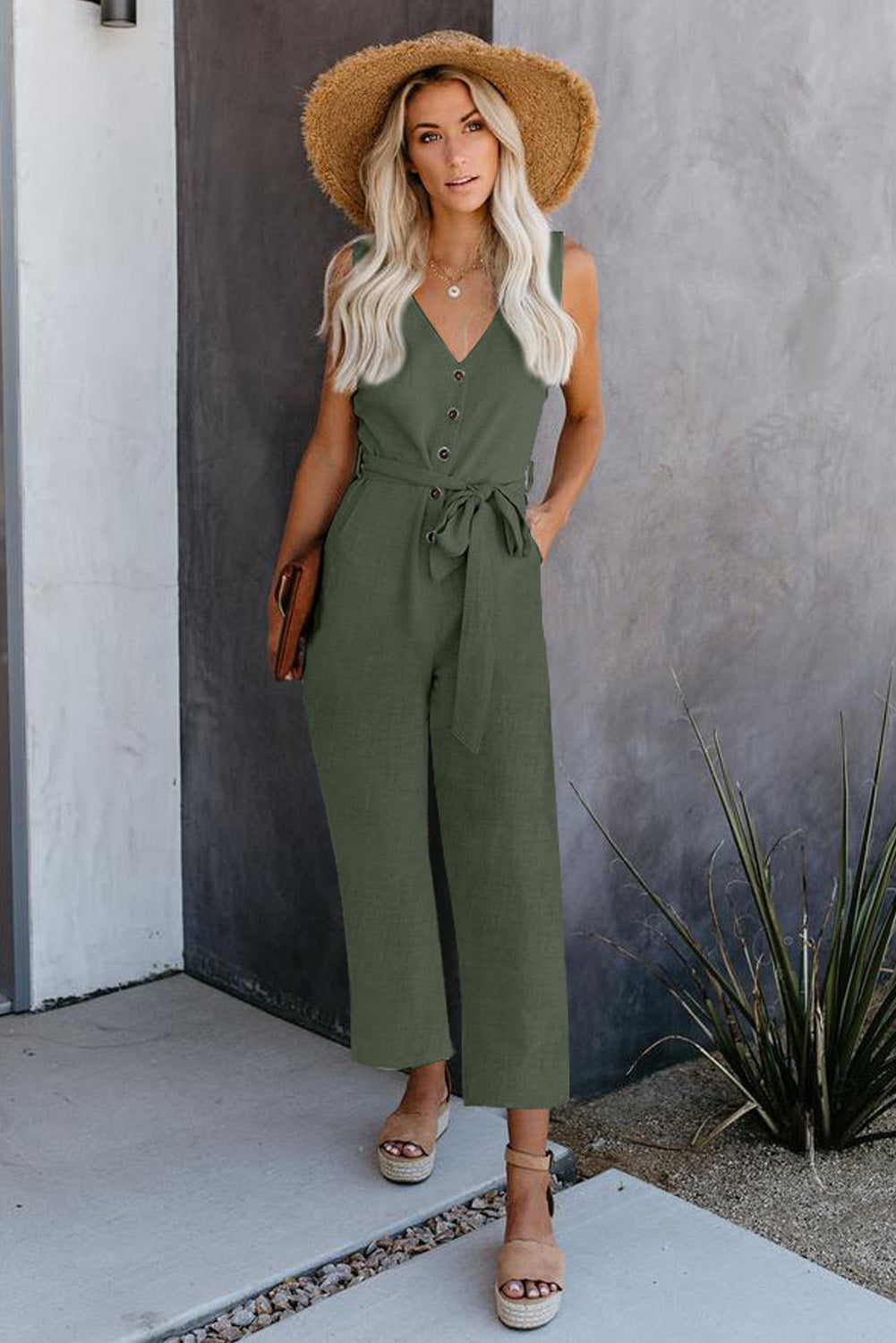 Green V Neck Button Belted Jumpsuit with Pockets