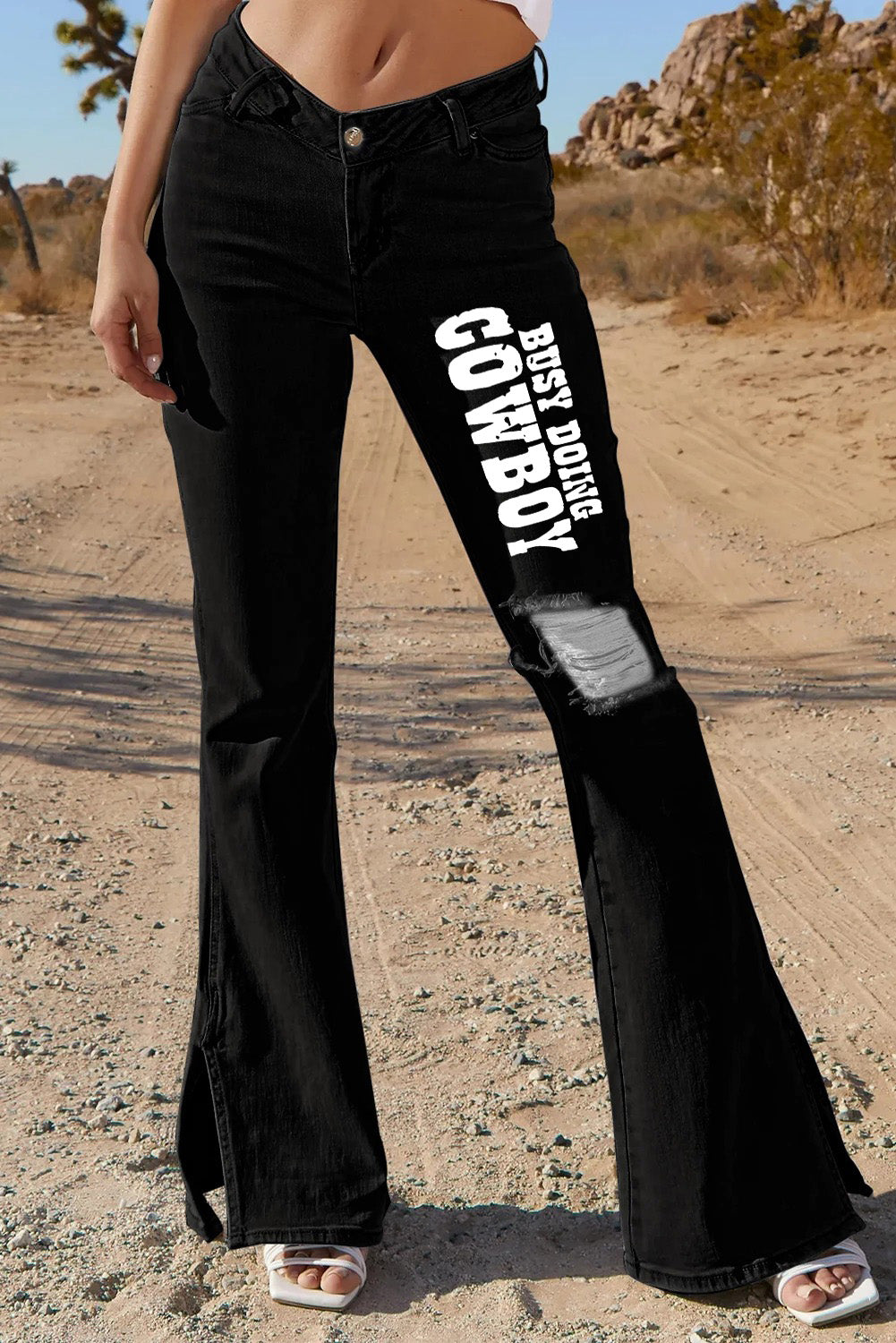 Letter Print Side Split Distressed Flare Jeans