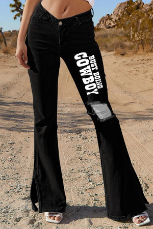Letter Print Side Split Distressed Flare Jeans
