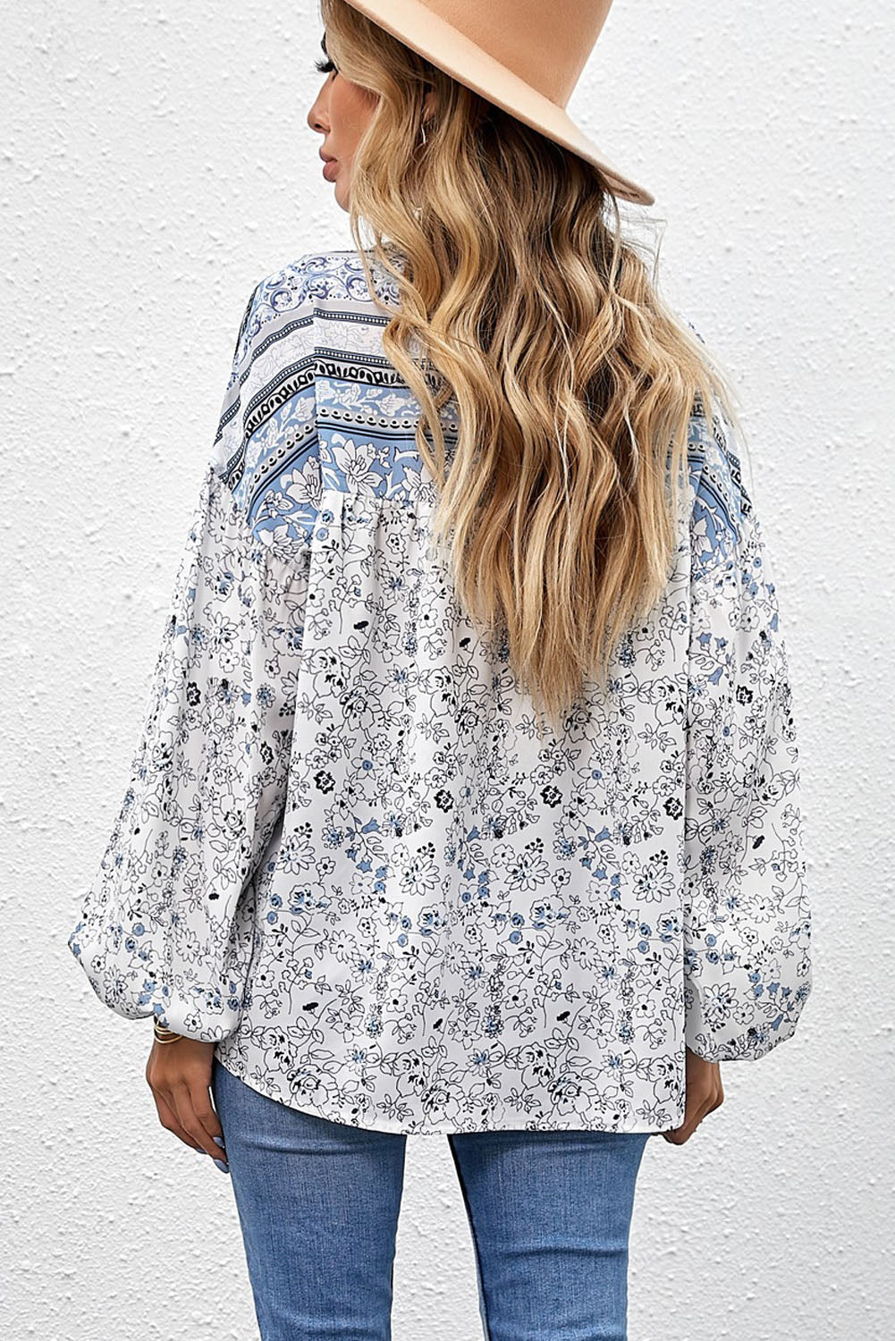 Sky Blue Floral Print Drawstring Loose Puff Sleeve Shirt
