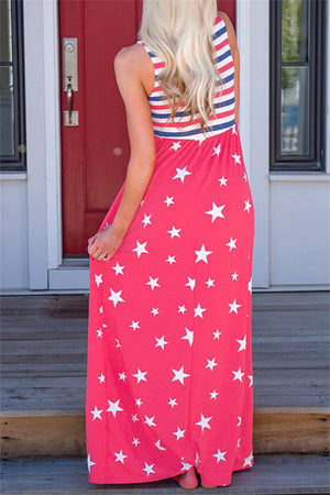 Red Stripes and Stars Sleeveless Maxi Dress with Pockets