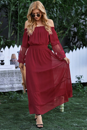 Wine Off Shoulder Embroidered Flared Sleeve Lace Maxi Dress
