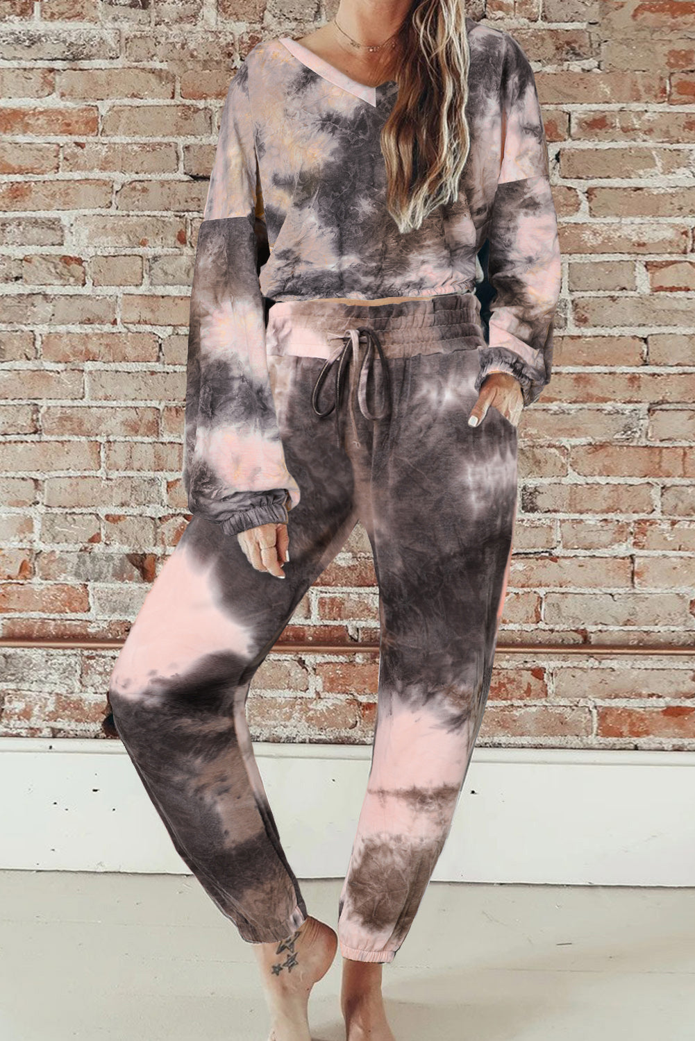 Black Tie-dye Crop Long Sleeve and Joggers Set