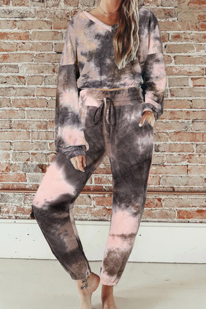 Black Tie-dye Crop Long Sleeve and Joggers Set
